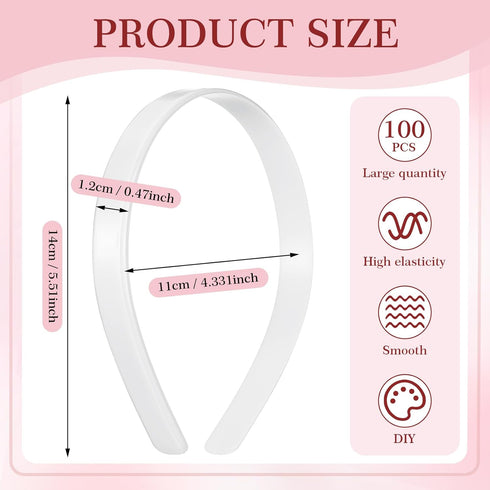 Hotop 100 Pcs Plastic Headbands Bulk 1 Inch Wide Craft No Teeth Plain Headbands DIY Hair Band Accessories for Girls Women (White,1/2 Inch Wide)
