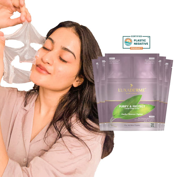 LuxaDerme 3 Step Purify & Protect Tune-Up Kit - Cleansing Scrub, Bio Cellulose Sheet Mask, Booster Cream (Pack of 5)