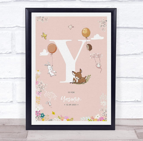 The Card Zoo Baby Birth Details Nursery Christening Woodland Animals Pink Initial Y Print