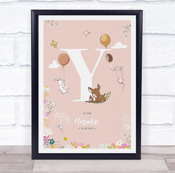 The Card Zoo Baby Birth Details Nursery Christening Woodland Animals Pink Initial Y Print
