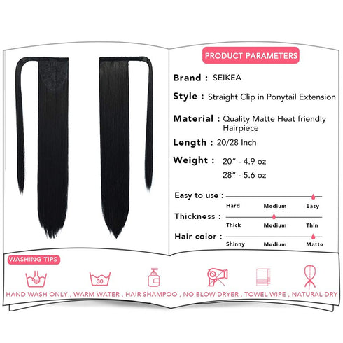 SEIKEA Clip in Ponytail Extension Wrap Around, 20 Inch Long Straight Natural Soft Synthetic Hairpiece for Women, Black