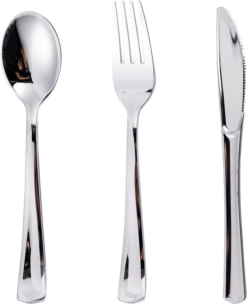 N9R 120PCS Silver Plastic Silverware Set, Disposable Cutlery - 60 Forks, 30 Spoons, 30 Knives