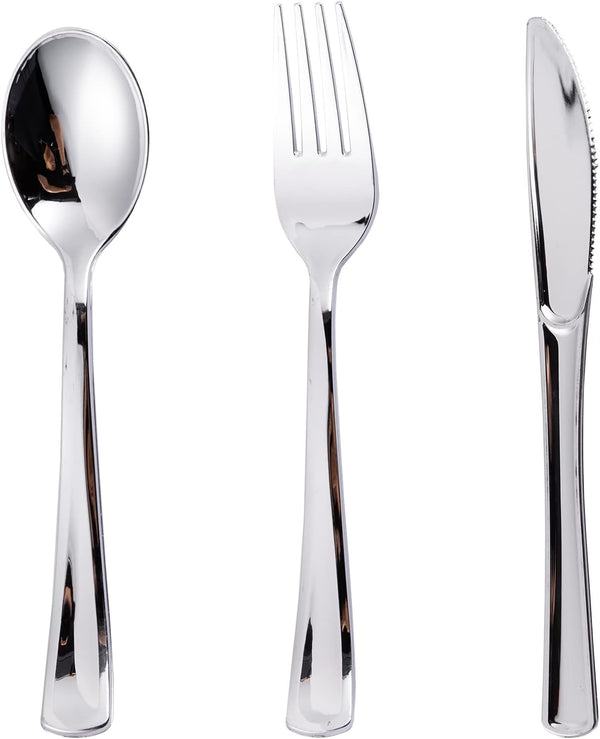 N9R 120PCS Silver Plastic Silverware Set, Disposable Cutlery - 60 Forks, 30 Spoons, 30 Knives