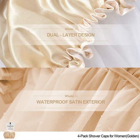 Shower Cap for Women, Extra Large Reusable Shower Cap for Men (Golden 4 Pack) Waterproof Long Hair Satin Double Layer