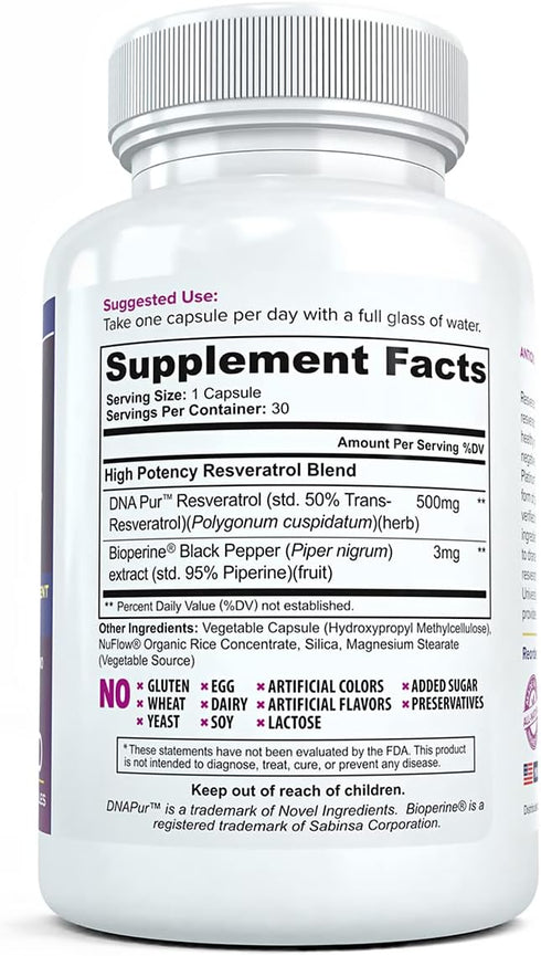 Resveratrol Platinum Antioxidants Supplement: Powerful Anti Aging Formula with Pure, Natural Trans Resveratrol for Immune Support, Vitality and Brain Health, 30 Gluten Free Veggie Capsules