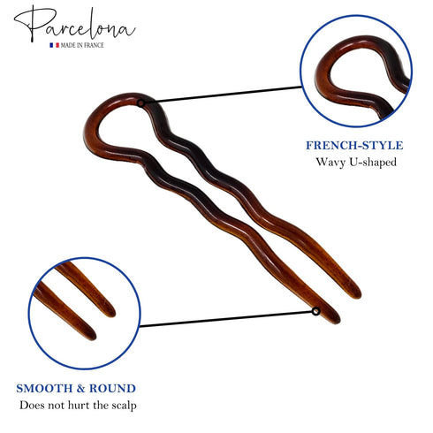 Parcelona Large 3 1/2" Brown Tortoise Shell Wavy Crink U Shaped Chignon Hair Pins Set of 3 Made in France for Women and