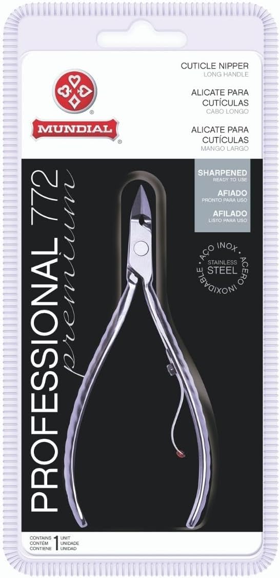 Professional Cuticle Nipper Mundial 772 PR, Long Handle Stainless Steel Trimmer for Fingernails and Toenails