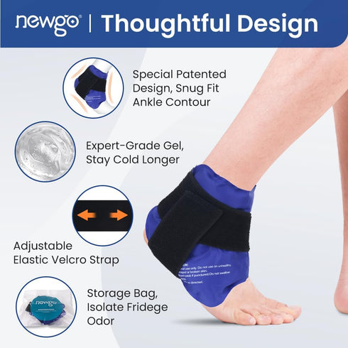 NEWGO Ankle Ice Pack Wrap for Swelling, Reusable Cold Pack for Ankle Injuries, Hot Cold Therapy, Blue