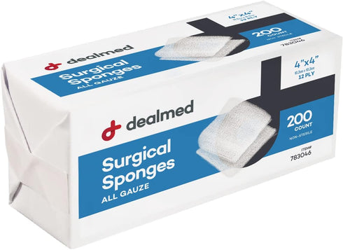 Dealmed 4" x 4" Surgical Sponges, 12-Ply Absorbent Woven Gauze Pads, 200 Count for First Aid