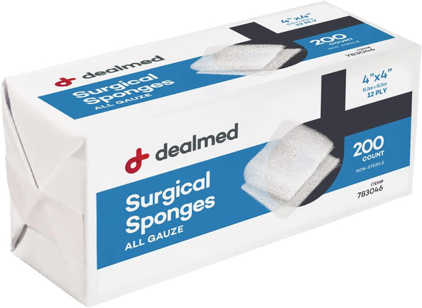 Dealmed 4" x 4" Surgical Sponges, 12-Ply Absorbent Woven Gauze Pads, 200 Count for First Aid