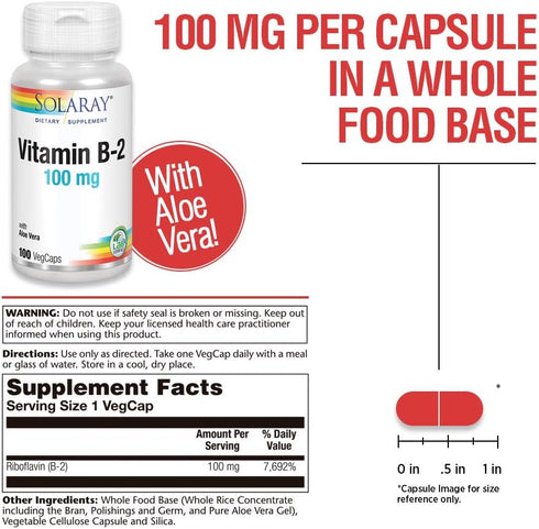 SOLARAY Vitamin B-2 Riboflavin 100 mg with Aloe Vera, 100 CT for Healthy Energy Metabolism