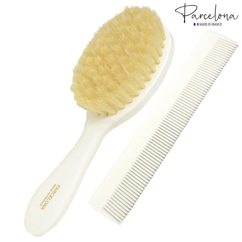 Parcelona French Grooming Combo, 6" White Celluloid Baby Brush and Comb for Girls and Toddlers Hair Styling
