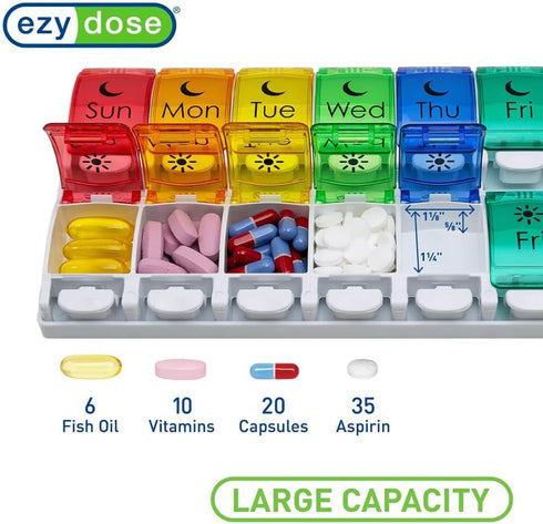 EZY DOSE Weekly Pill Case, 7-Day Medicine Planner, Vitamin Organizer, AM/PM Removable Trays, Easy to Use, Rainbow Lids