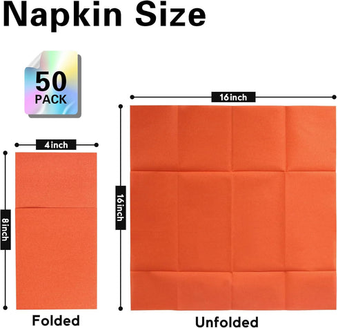 Dark Orange Napkins (50 Pack) - Disposable Linen-Feel Dinner Napkins with Built-in Flatware Pocket for Parties