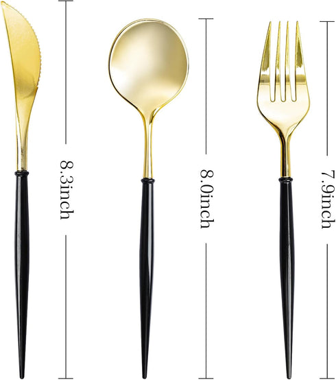 N9R 90PCS Gold Plastic Silverware - Gold Plastic Cutlery Set with Black Handle-Fancy Plastic Silverware Heavy Duty with 30 Spoons, 30 Forks, 30 Knives for Birthday and Everyday Use by N9R