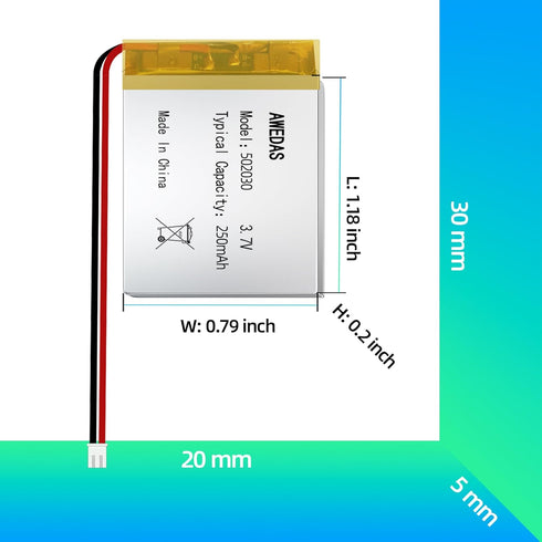 (3 Pack) 3.7v 502030 Battery Lithium Polymer Battery 3.7v 250mah 502030 Compatible for Multiple Device 502030 Replacement Batteries with PH 2.54 & PH 2.0 JST Connector and Tool