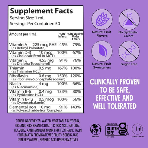 NovaFerrum Yum Multivitamin with Iron for Infants, Toddlers & Kids, Immune Support, Raspberry Grape, 50 Servings