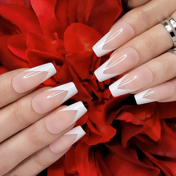 Hypnaughty 24 Pcs Modern White French Coffin Press On Nails with Design, Glue, Medium Long, Nude Color