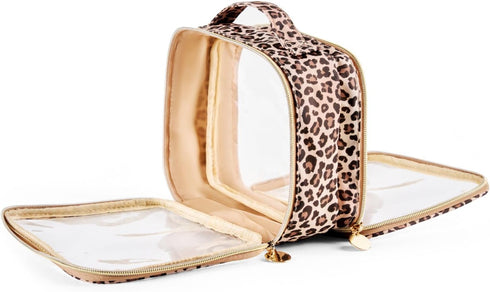 Clear Leopard Travel Makeup Bag, Transparent Cosmetic Pouch with Handle, Portable Toiletry Organizer (Nylon and PVC)