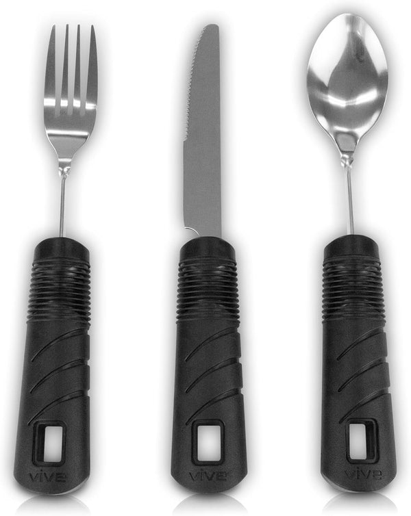 Vive Adaptive Utensil Set - Arthritis Aid Silverware for Parkinsons, Easy Grip for Trembling Hands, Heavy Spoon