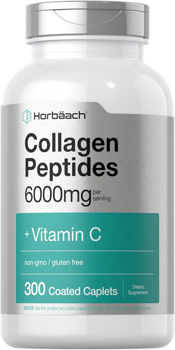 Horbaach Collagen Peptides 6000mg - 300 Caplet Pills, with Vitamin C, Hydrolyzed Collagen Supplement