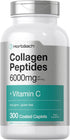 Horbaach Collagen Peptides 6000mg - 300 Caplet Pills, with Vitamin C, Hydrolyzed Collagen Supplement