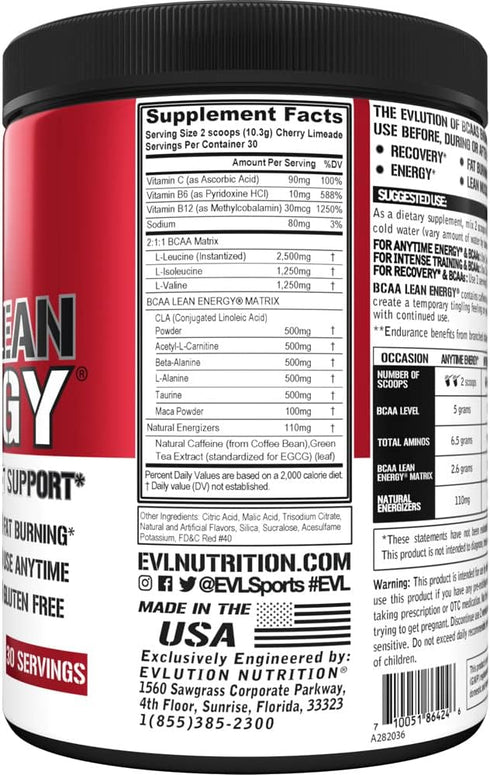 EVL BCAA Lean Energy Powder, Pre Workout Green Tea Fat Burner, Cherry Limeade