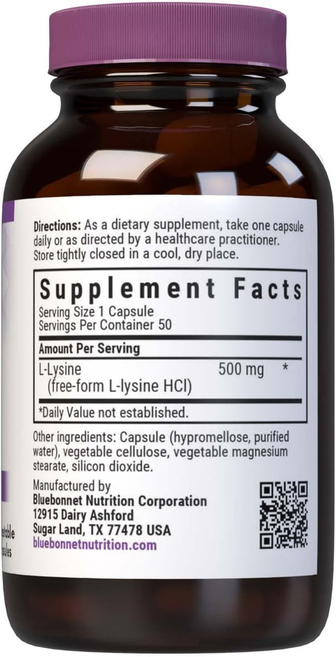 Bluebonnet L-Lysine 500 mg Vitamin Capsules, 50 Count
