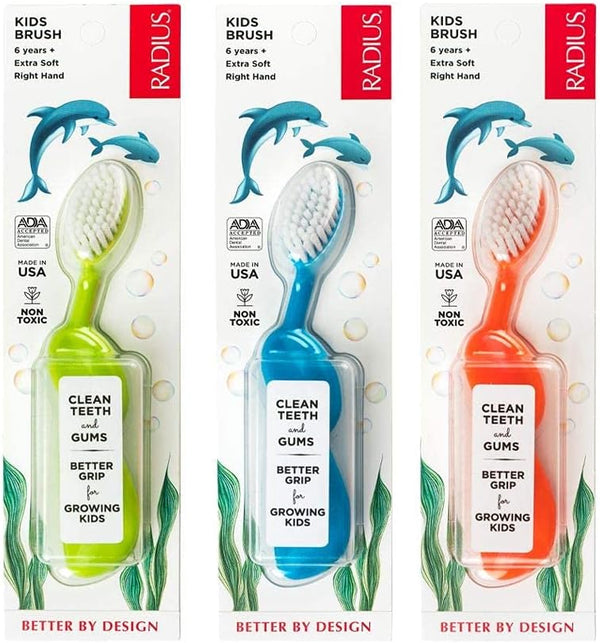 RADIUS Children's Toothbrush, Extra Soft Bristles, Right Handed, Green/Blue/Orange, BPA Free, Pack of 3 for Kids
