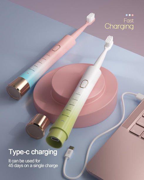 Upgrade Sonic Electric Toothbrush for Adults, 8 Replacement Brush Heads, Rechargeable with 2-Minute Timer, White & Green