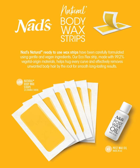 Nad's Body Wax Strips, Natural for All Skin Types, At Home Waxing Kit with 30 Strips & Post Wax Oil