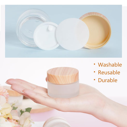 6Pcs Glass Cosmetic Containers, Frosted Glass Cream Jars with Wood Grain Lid, Leak-proof Empty Makeup Jar for Lotions,
