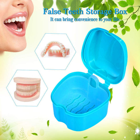 Denture Bath Box Cup for Complete Clean Care of Dentures, Clear Braces, Mouth Guard, Night Guard & Retainers (Blue &