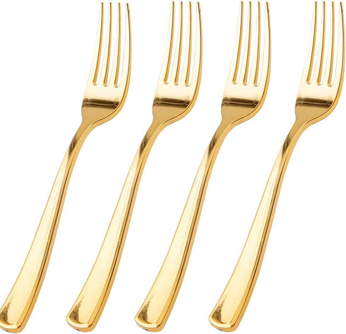 WDF 100 Piece Gold Plastic Forks, 7.4inch Disposable Gold Silverware for Dessert Cake Parties
