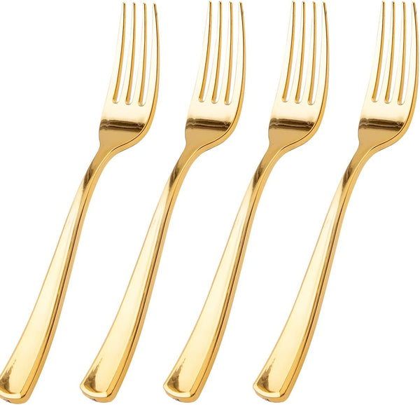WDF 100 Piece Gold Plastic Forks, 7.4inch Disposable Gold Silverware for Dessert Cake Parties