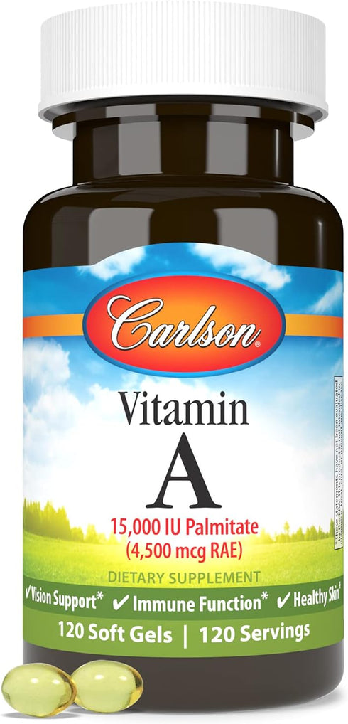 Carlson Vitamin A 15000 IU Palmitate (4500 mcg RAE), 120 Softgels | Vision Health and Healthy Skin