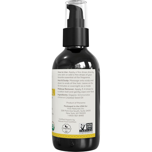Viva Naturals Organic Jojoba Oil - Pure Cold-Pressed for Skin and Hair, USDA Certified, 4 fl. oz