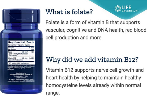 Life Extension BioActive Folate & Vitamin B12, 150 Vegetarian Capsules, Non-GMO, Gluten Free Supplement