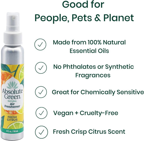 100% Natural Non-Toxic Air Freshener Room Spray, Plant-based, Safe for Home, Food, Kids & Pets, Fresh Citrus