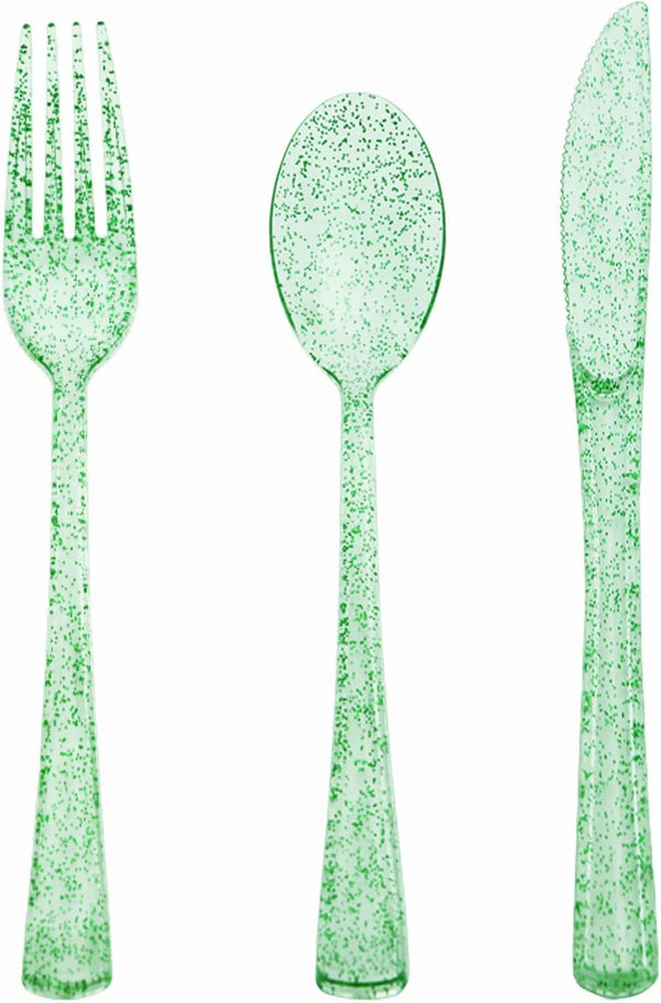 150 Pack Green Plastic Silverware, Green Glitter Utensils - 50 Forks, 50 Knives, 50 Spoons for St Patricks Day,