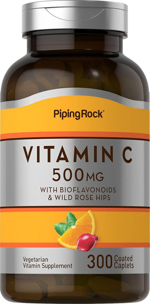 Piping Rock Vitamin C 500 mg with Bioflavonoids & Rose Hips | 300 Caplets | Vegetarian, Non-GMO, Gluten Free Supplement