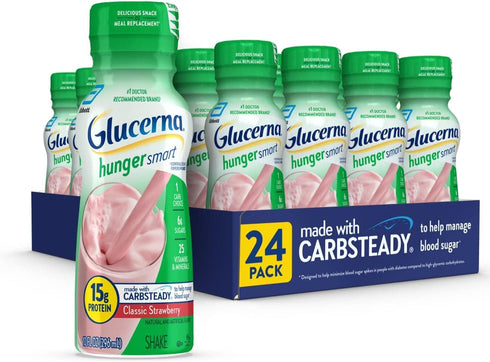 Glucerna Hunger Smart Shake, Classic Strawberry, 10-fl-oz Bottle, 15g Protein, 180 Calories, 24 Count, Diabetic Drink