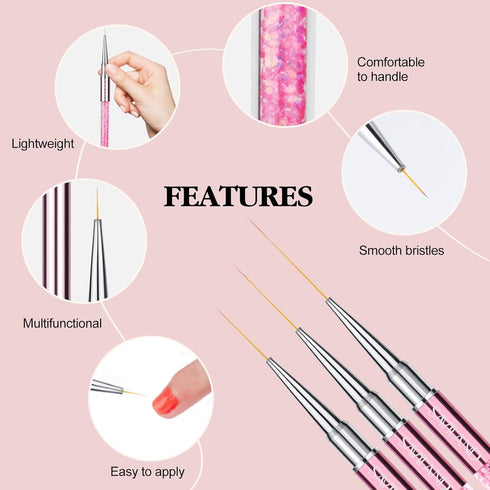 SAVILAND 6pcs Nail Art Liner Brushes Set, Gel Polish Painting Brushes with Crushed Diamond Handle for Nail Art Design