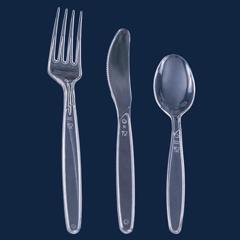 set, 360 180 120 60 Party Bargains Disposable Cutlery SAPPHIRE Design, Clear Color, Pieces: Forks, Spoons, Knives