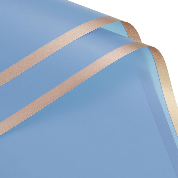 MECCANIXITY 20 Pcs Gold Edge Flower Wrapping Paper, Sky Blue 22.8x22.8 Inch Waterproof for Florist Bouquet DIY Crafts
