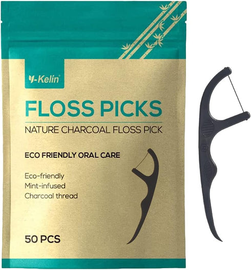 Y-Kelin Natural Dental Floss Picks, Vegan Eco Friendly Black Bamboo Charcoal Toothpick, 100 Pcs