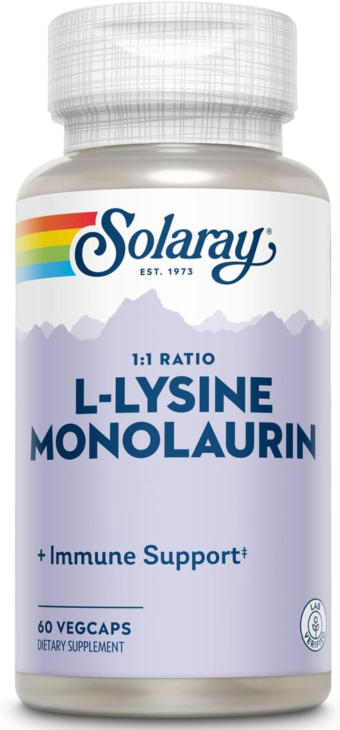 SOLARAY L-Lysine Monolaurin Immune Support Supplement, 500 mg Each, 30 Servings, 60 VegCaps, 60-Day Money Back Guarantee