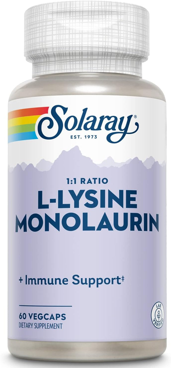 SOLARAY L-Lysine Monolaurin Immune Support Supplement, 500 mg Each, 30 Servings, 60 VegCaps, 60-Day Money Back Guarantee