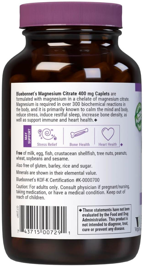Bluebonnet Nutrition Magnesium Citrate 400mg, 60 Caplets, Maximum Absorption, Vegan, Gluten-Free