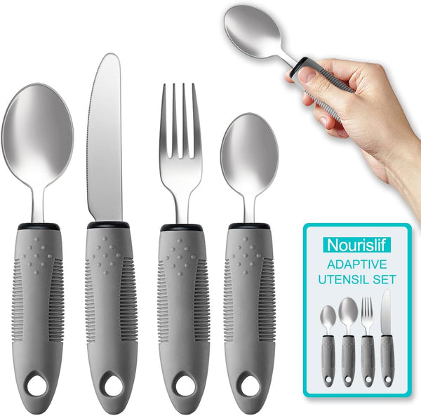 Adaptive Utensils Set, 4pcs for Hand Tremors, Arthritis, Parkinsons, Easy Grip Aids Handle, Weighted Silverware for